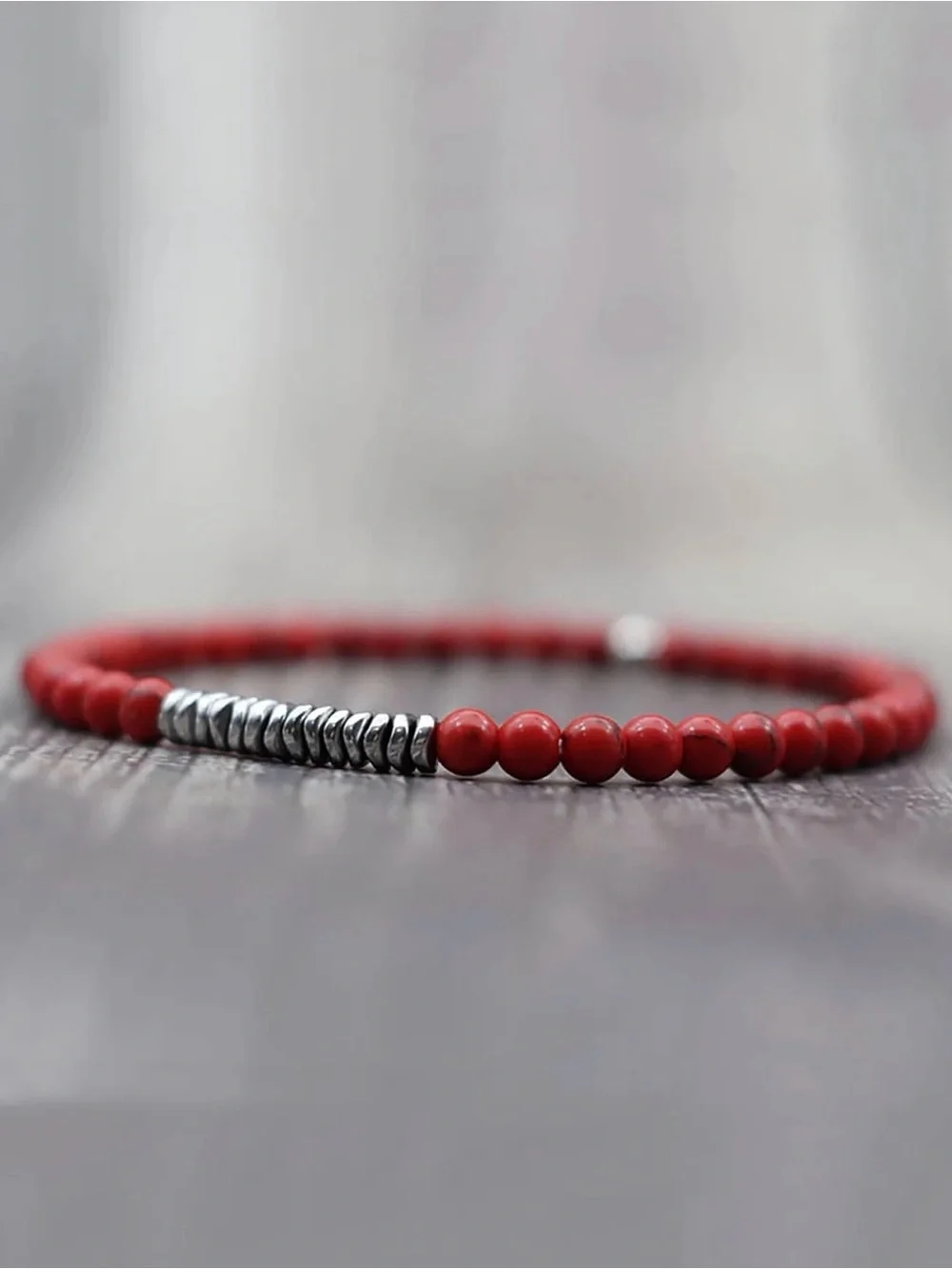 Red Beaded stone Stretch Bracelet Silver Accents men’s waterproof